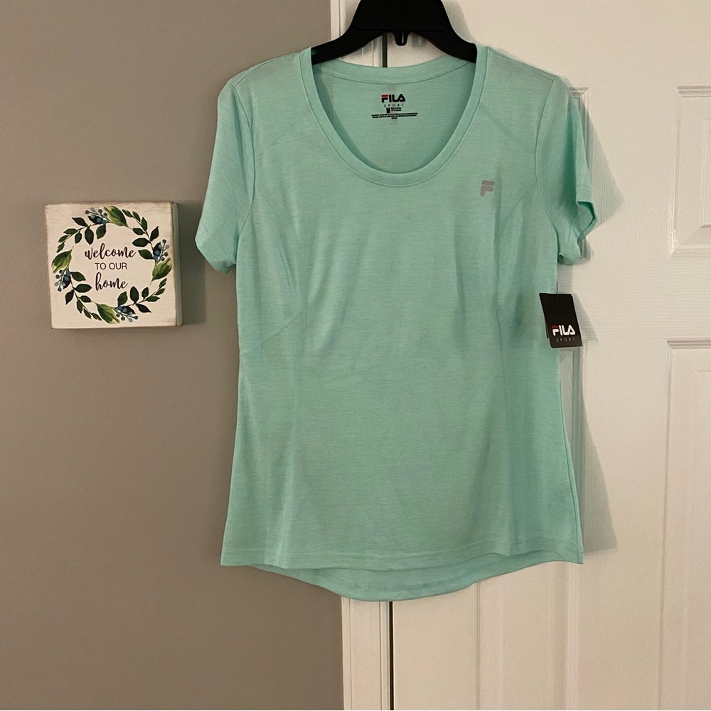 Fila Tru Dry Athletic Short Sleeve Shirt Scoop Neck Pastel Blue Green Medium NWT